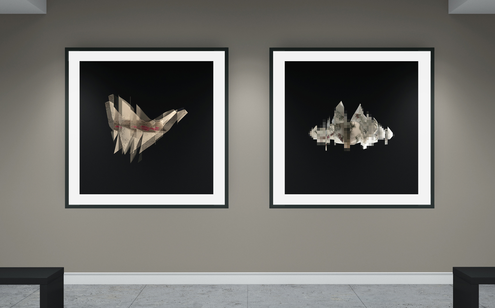 Stephen-Russell-Brett-Fragmented-Liminality-Diptych1 Metamorphosis origami butterfly installation in a garden.
